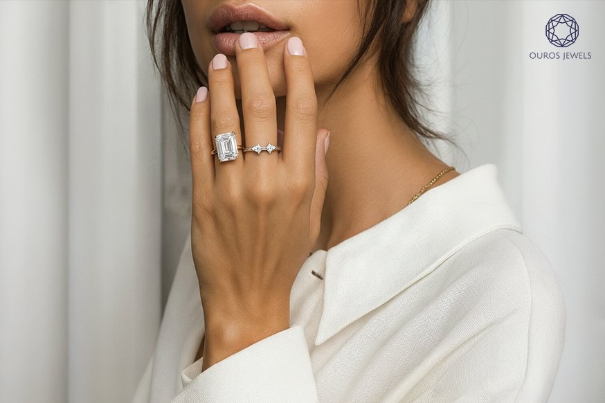 Woman wearing two lab grown diamond rings in a minimal, modern style