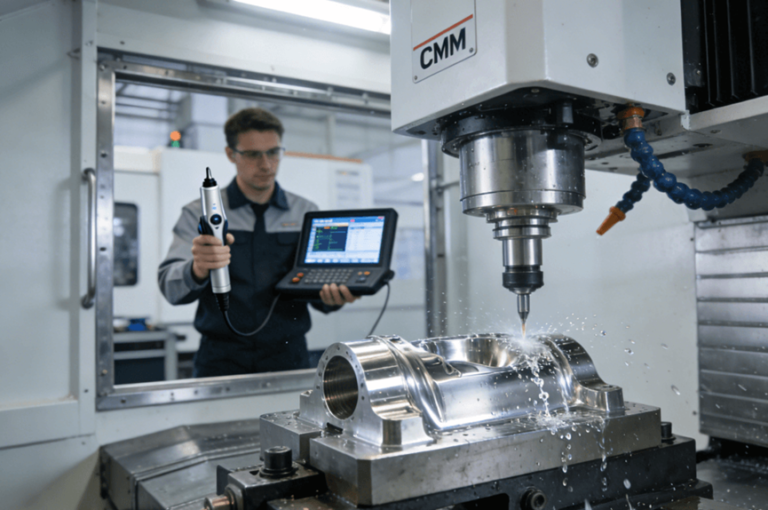 Engineer inspecting a precision aerospace component in a modern CNC machining facility, highlighting data points like 40% cost reduction and ±0.005mm tolerance.