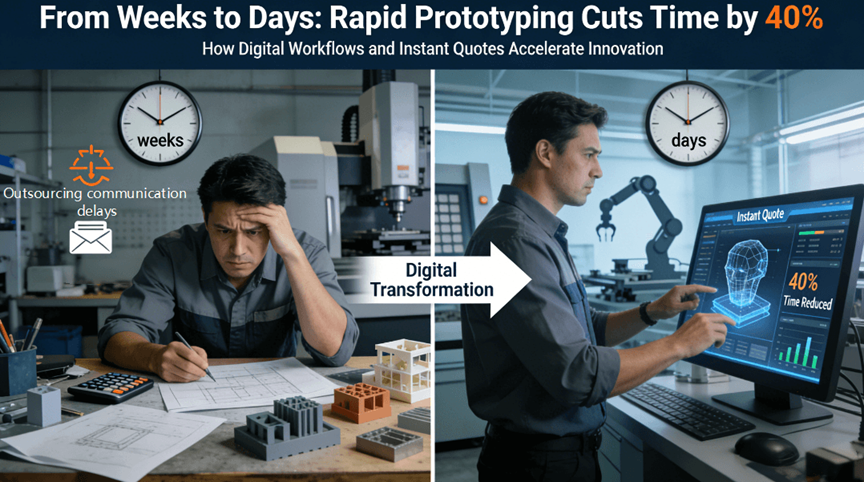 Comparison between traditional product development with paper-based delays and modern rapid prototyping using digital workflows, showing a 40% reduction in time.